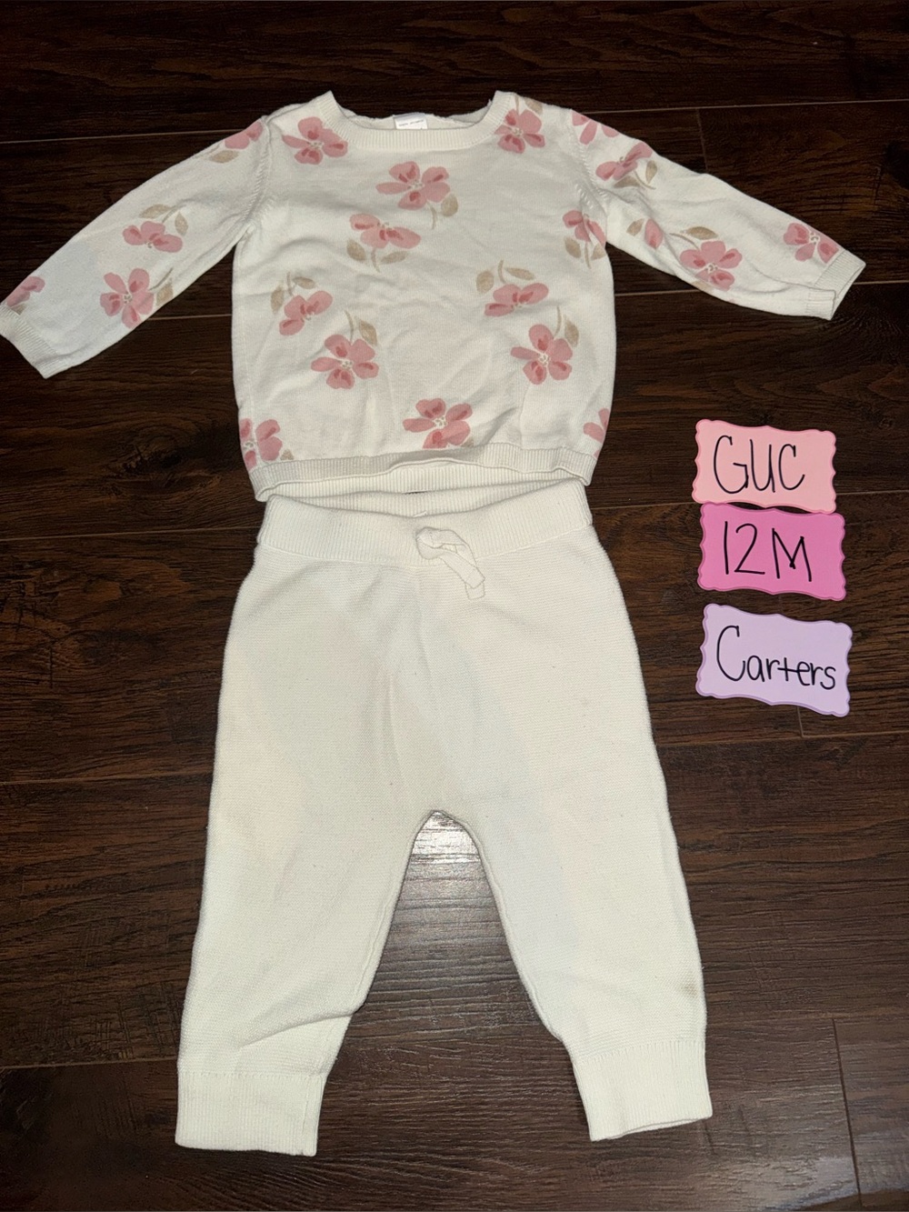Carter's Cream Knit Floral Sweater & joggers Set with Pink Flowers